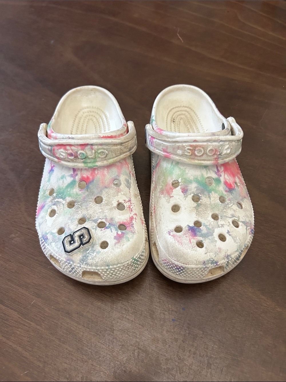 CROCS Kids White Tie-Dye Effect Clogs with Pink & Green Accents